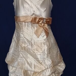 Elegant Cream and Gold Dress with Bow Accent
